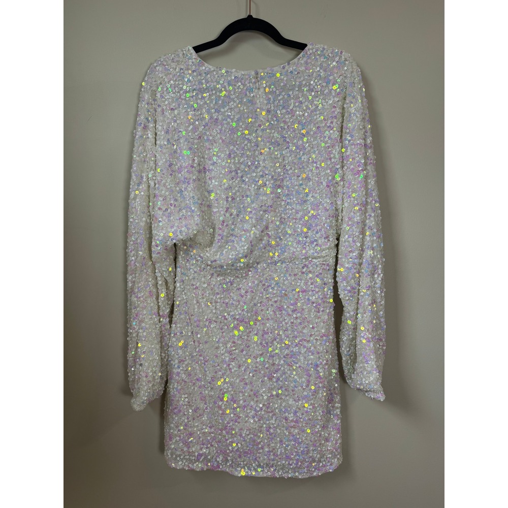 Show Me Your Mumu White Iridescent Sequin Mini Dress Long Sleeve V-Neck XL - Picture 7 of 7